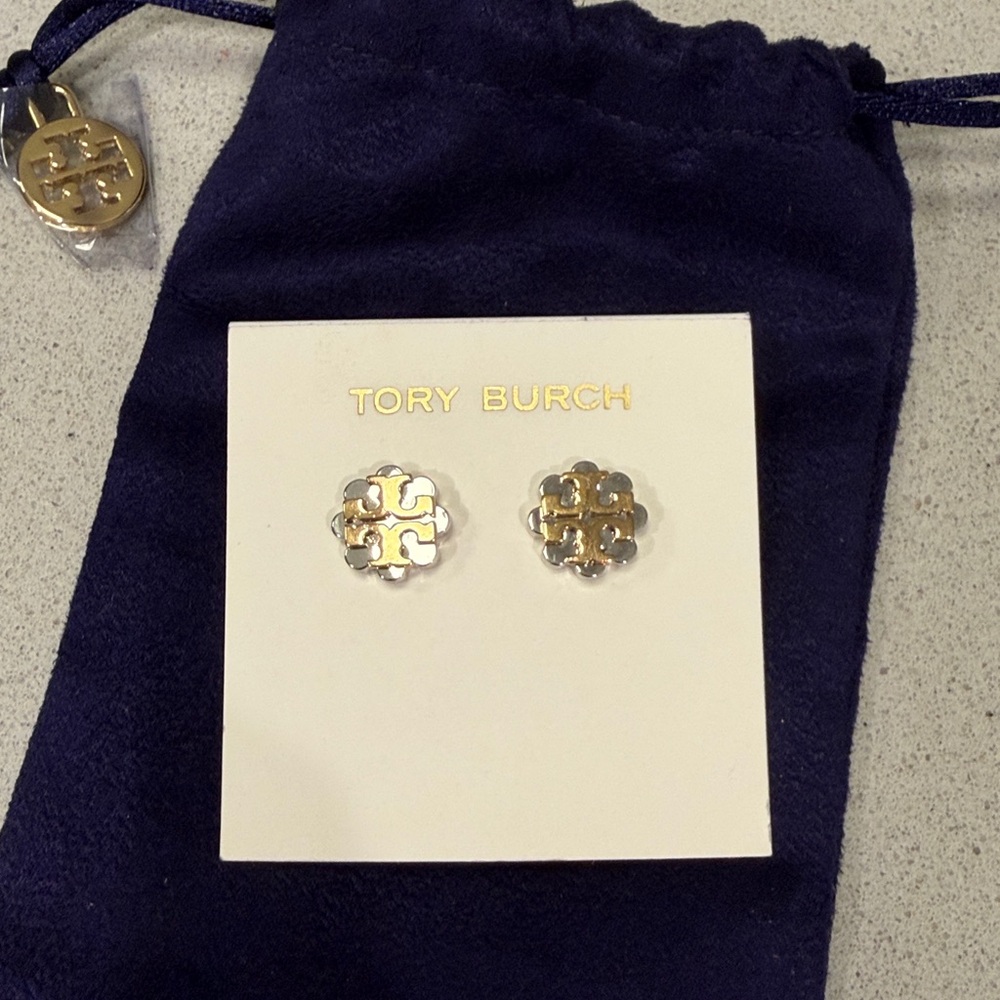 Tory Burch Logo Flower Two-Tone Gold Silver Stud Earrings